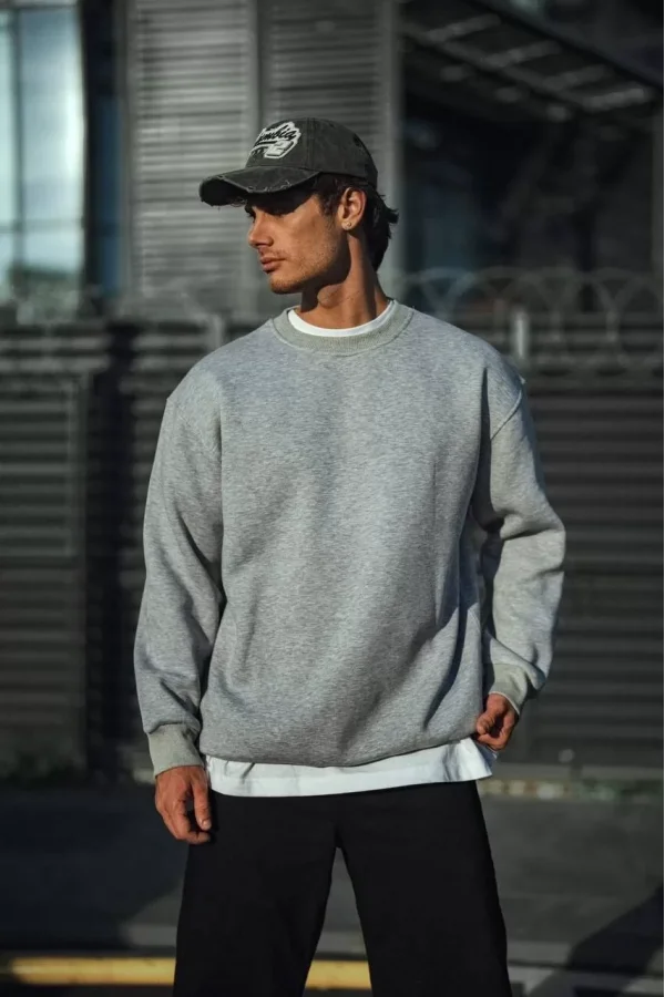 Kışlık Bisiklet Yaka Üç İplik Basic SweatShirt - Gri