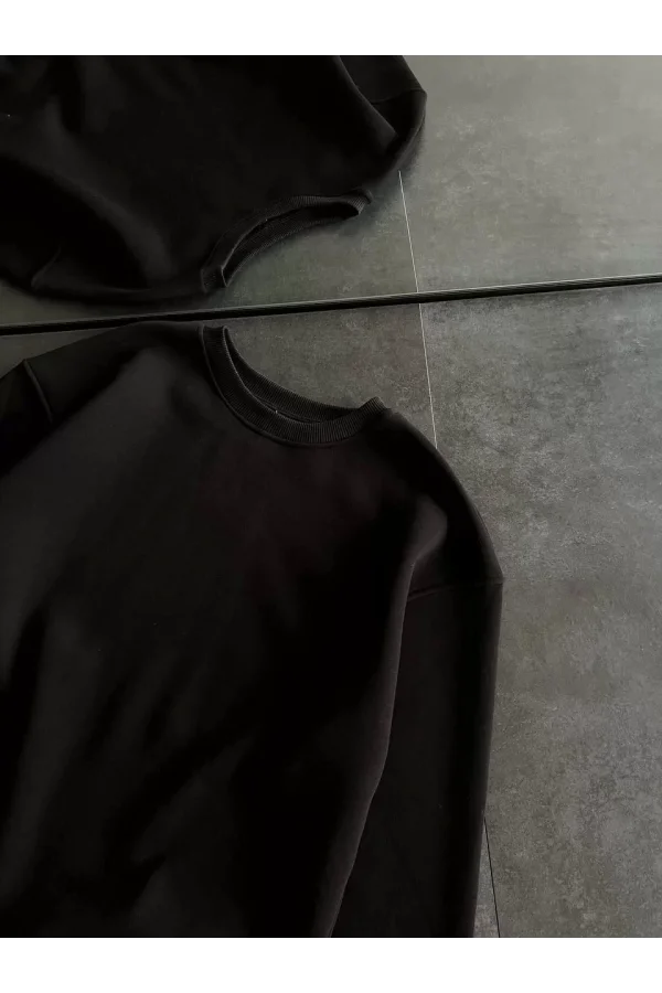 Kışlık Bisiklet Yaka Üç İplik Basic SweatShirt - Siyah