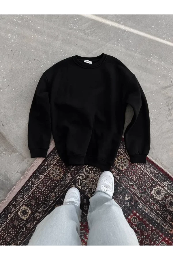 Kışlık Bisiklet Yaka Üç İplik Basic SweatShirt - Siyah