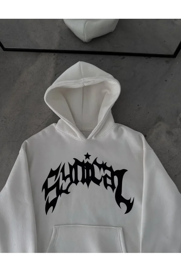 Kışlık Kapüşonlu Baskılı Oversize SweatShirt- Beyaz