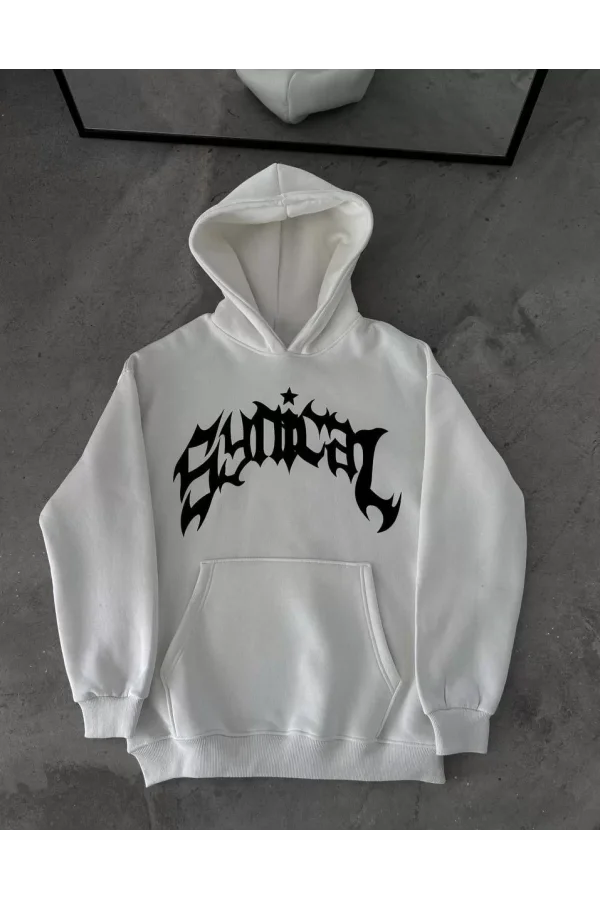 Kışlık Kapüşonlu Baskılı Oversize SweatShirt- Beyaz