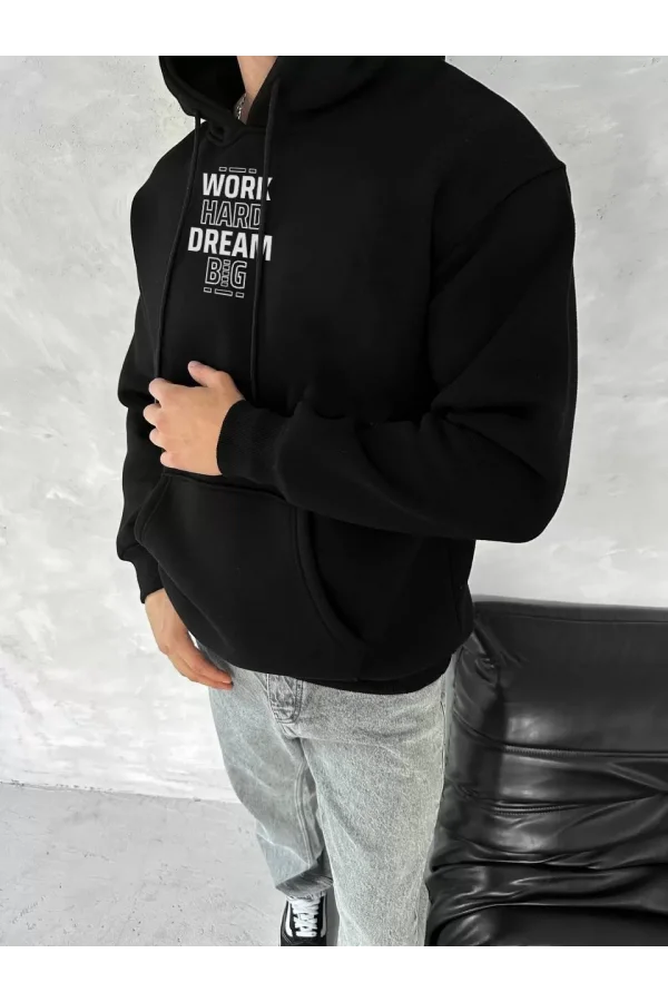 Kışlık Üç İplik Kapüşonlu SweatShirt - Siyah