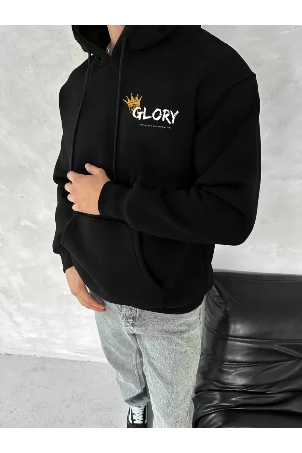Kışlık Üç İplik Kapüşonlu SweatShirt - Siyah
