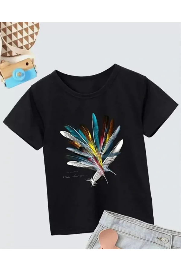 Kız Çocuk Baskılı T-Shirt- Siyah