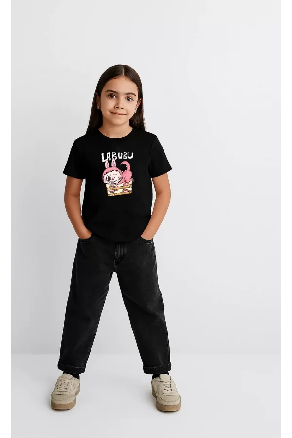 Kız Labubu Çocuk Baskılı T-Shirt - Siyah