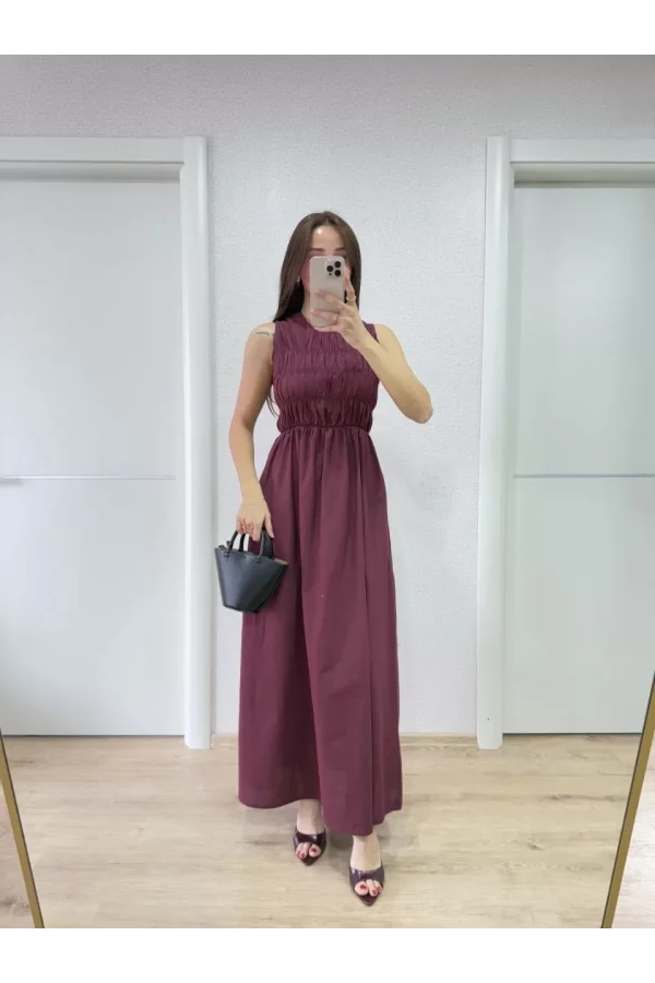 Kolsuz Göğüs Lastıklı %100 Poplin Uzun Elbise - Bordo