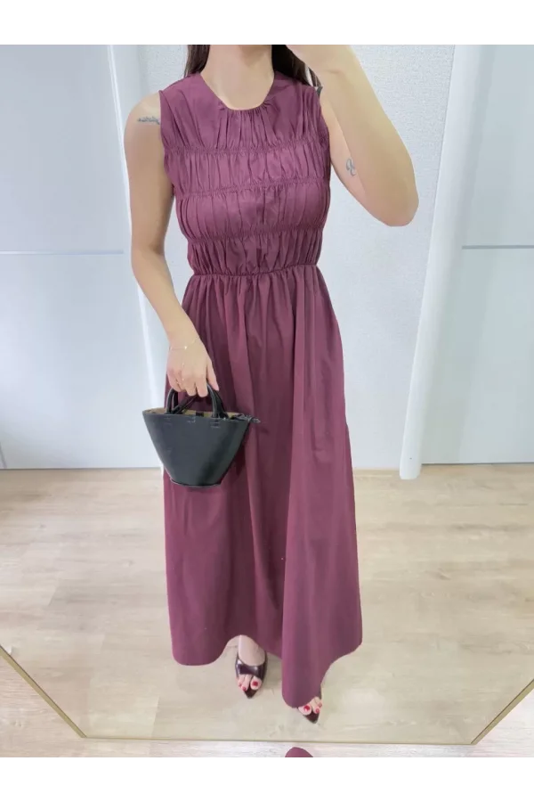 Kolsuz Göğüs Lastıklı %100 Poplin Uzun Elbise - Bordo