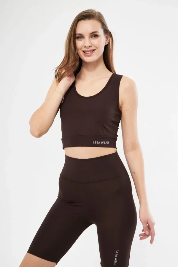 Kolsuz Sporcu Baskılı Crop - Kahve