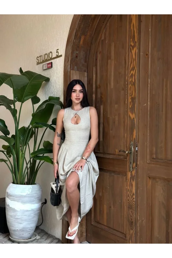 Kolsuz Uzun Kabardin Elbise - Gri