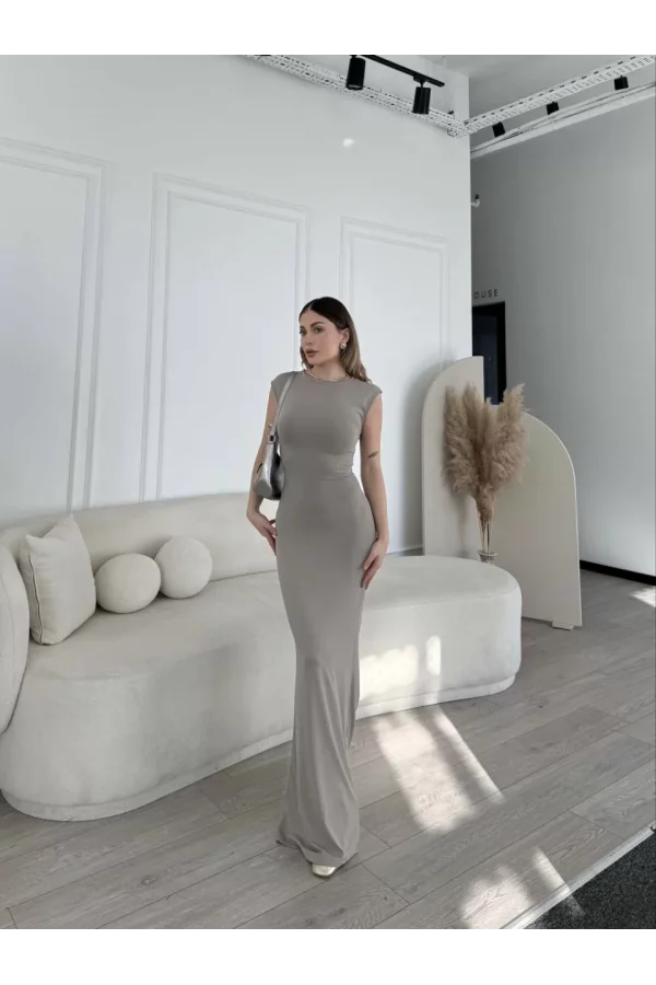 Kolsuz Uzun Likralı Elbise - Gri