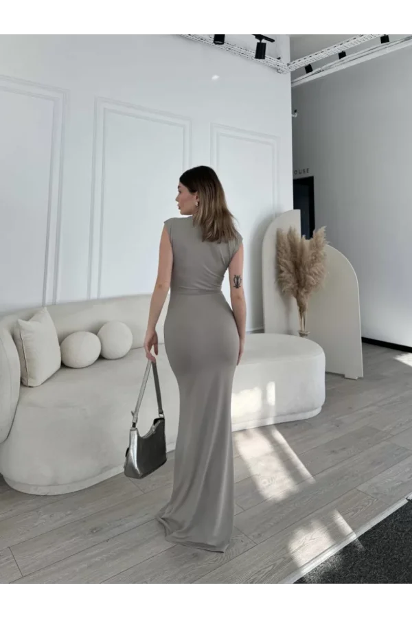 Kolsuz Uzun Likralı Elbise - Gri