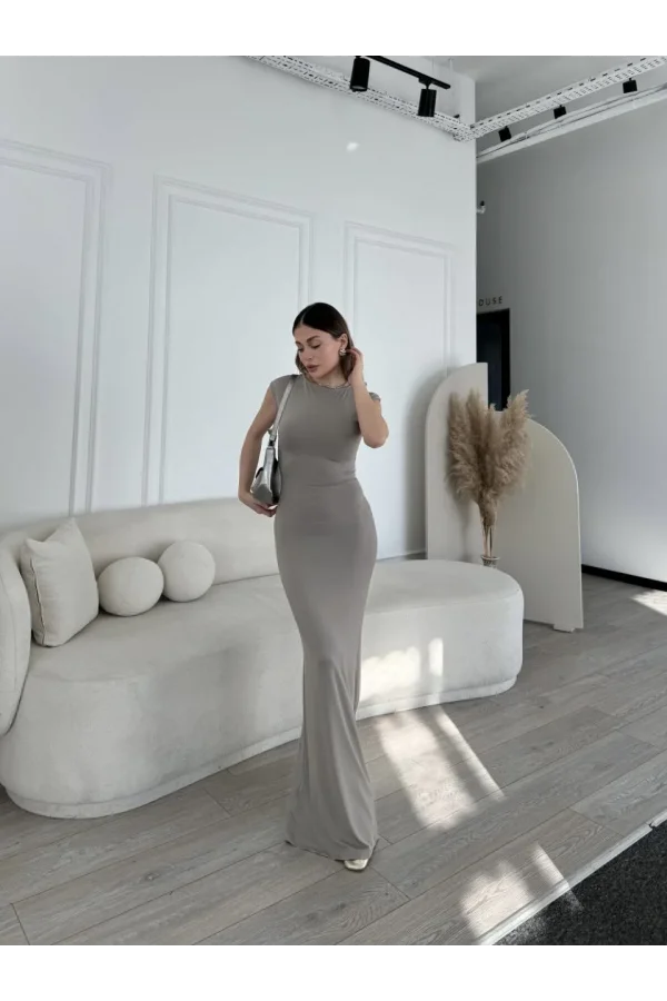 Kolsuz Uzun Likralı Elbise - Gri