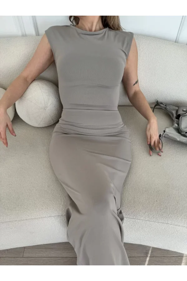 Kolsuz Uzun Likralı Elbise - Gri