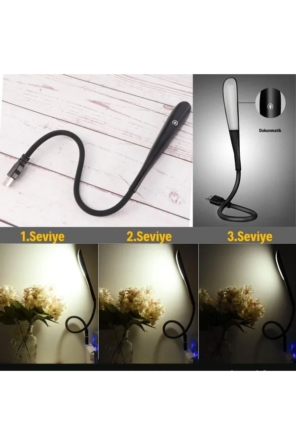 Kompakt USB Siyah 14 Ledli 3 Kademeli Dokunmatik Okuma Lambası