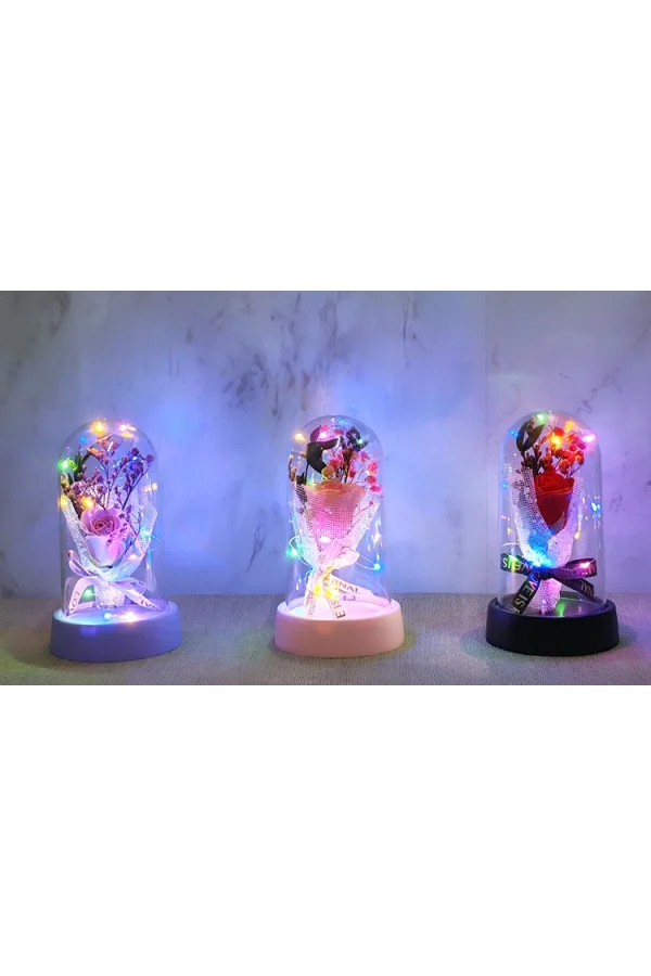 LED Işıklı Müzikli Cam Fanus İçinde Gül Buketi