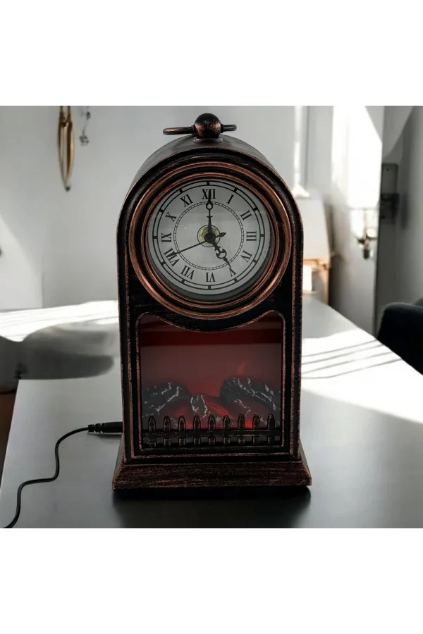 LED Işıklı Siyah Eskitme Şömine Saat