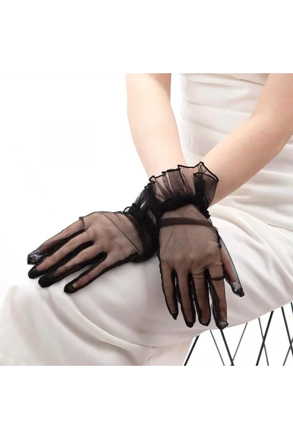 Likralı Güpürlü Yetişkin Tül Eldiven Siyah