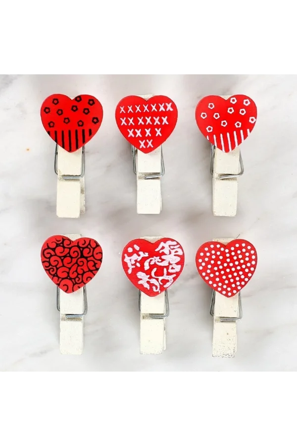 Loren Dekoratif Kırmızı Kalp Desenli Mandal 6lı