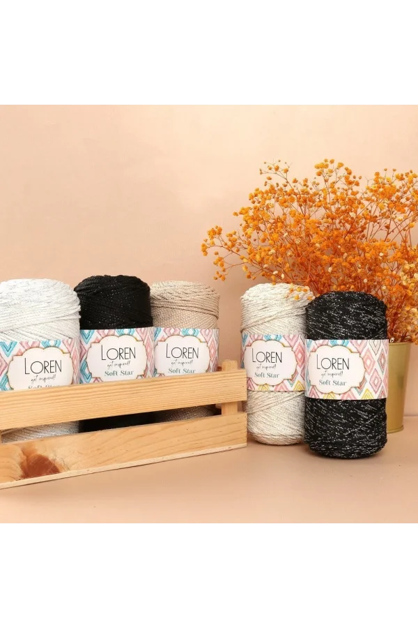 Loren Soft Star Makrome İpi Gümüş Simli Bej RM101