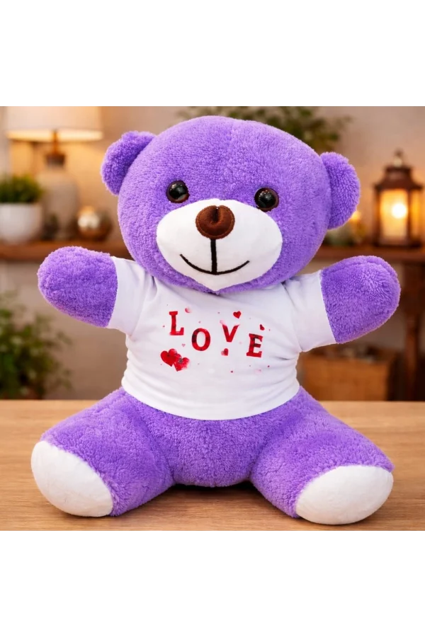 Love Baskılı Tişörtlü Peluş Mor Ayıcık