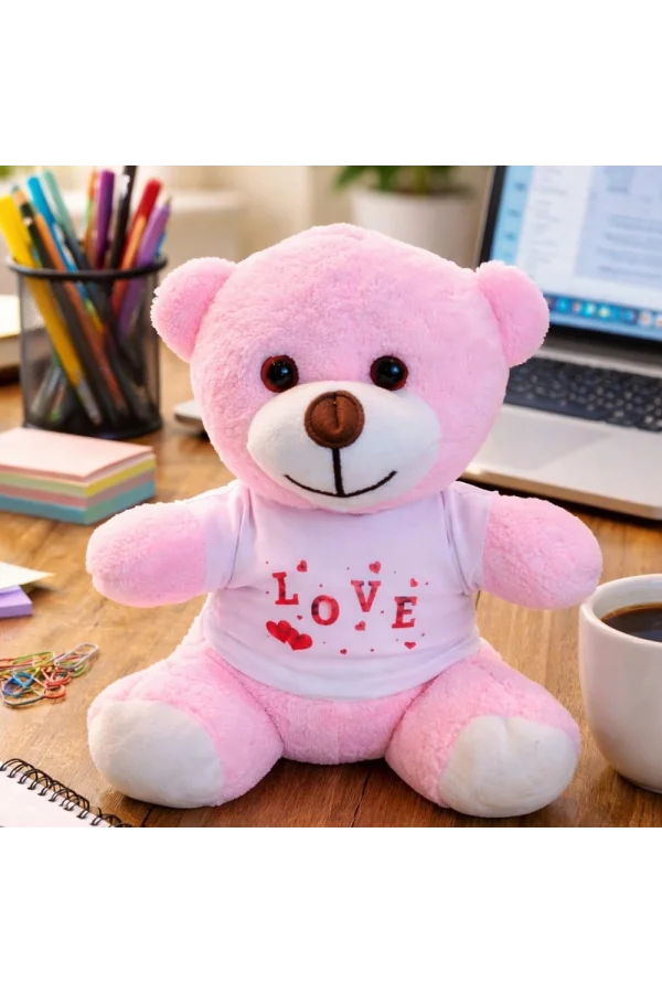 Love Tişörtlü Pembe Peluş Ayıcık