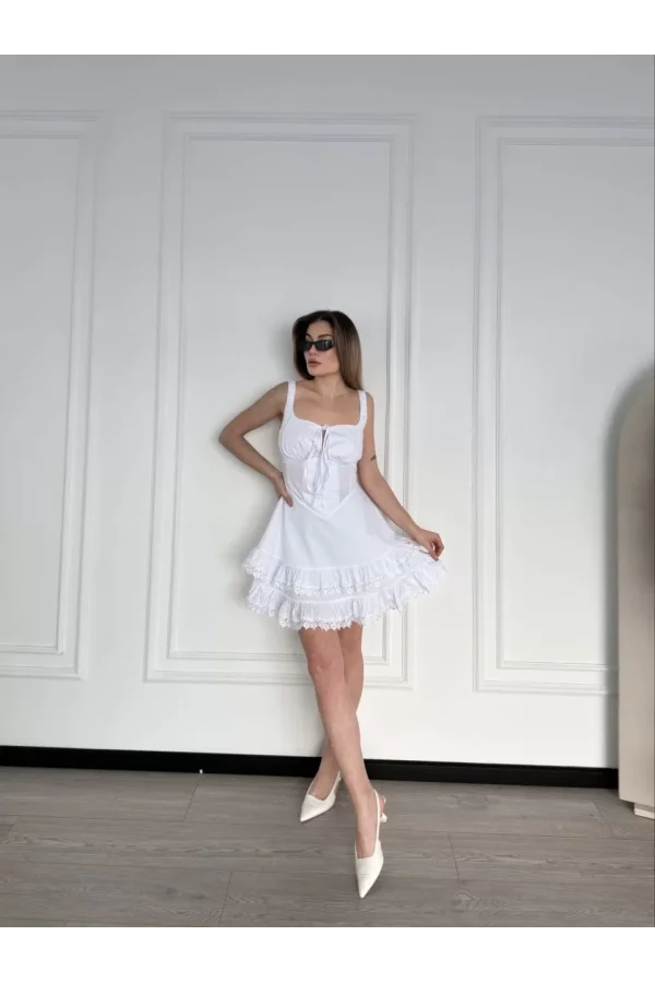 Mini Askılı Elbise - Beyaz