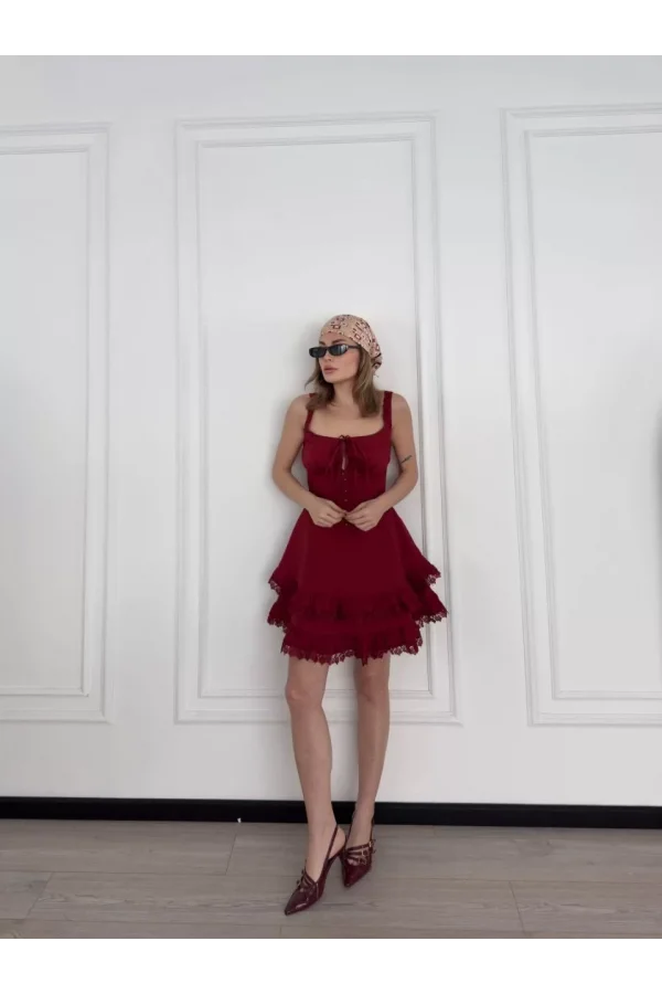 Mini Askılı Elbise - Bordo