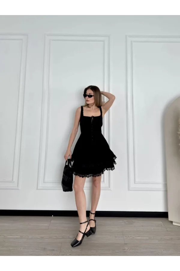 Mini Askılı Elbise - Siyah