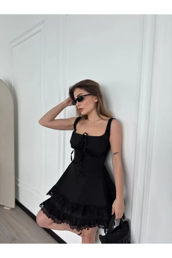 Mini Askılı Elbise - Siyah