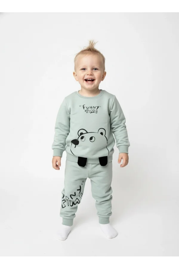 Mint Yeşili Ayı Baskılı Sweatshirt ve Eşofman Takımı