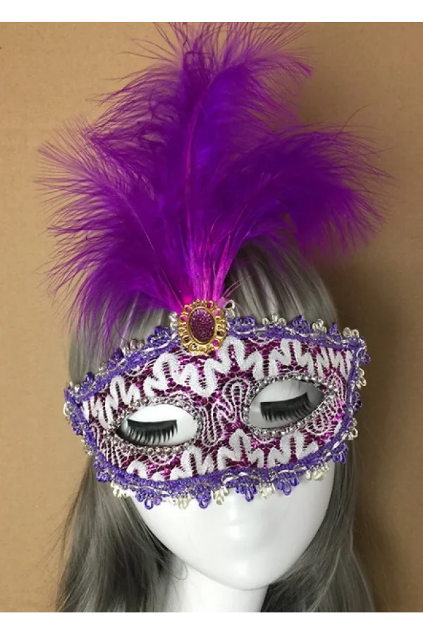 Mor Dantel İşlemeli Mor Tüylü Balo Parti Maskesi