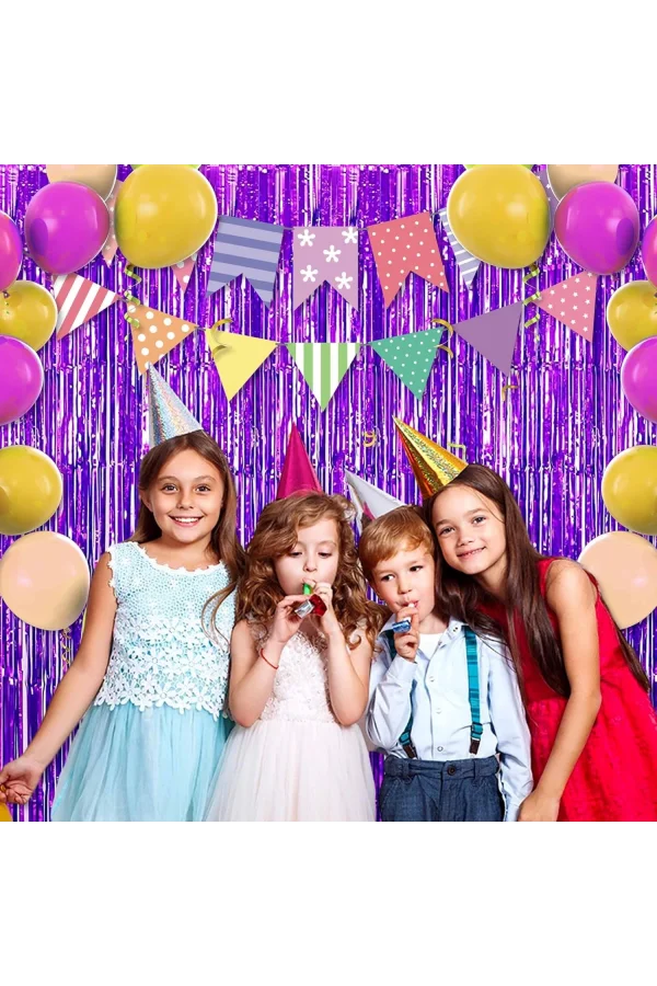 Ekstra Metalize Saçaklı Arka Fon Perde Mor