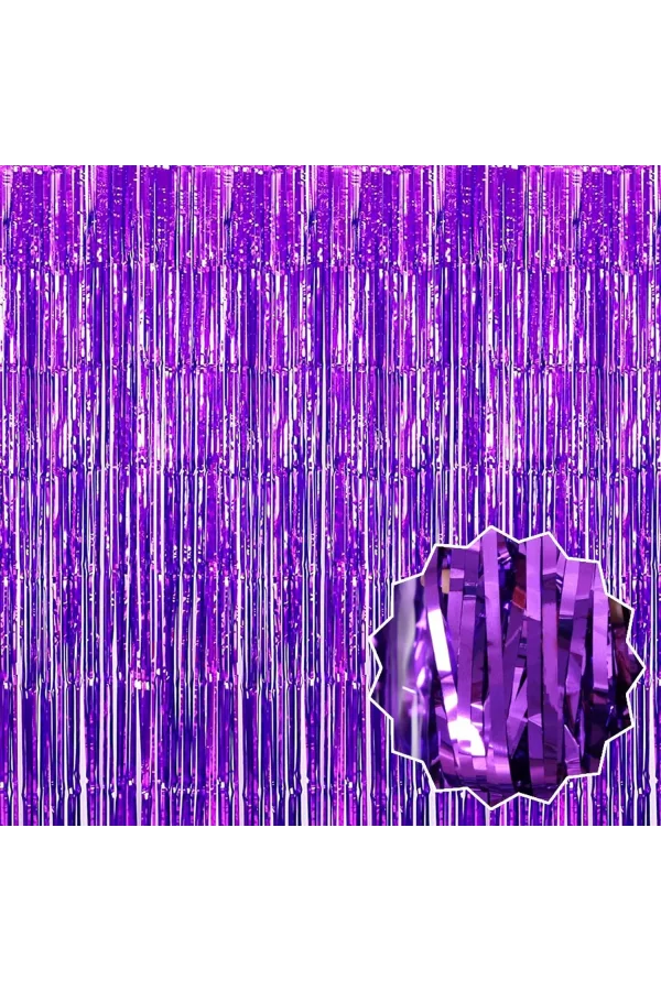 Ekstra Metalize Saçaklı Arka Fon Perde Mor