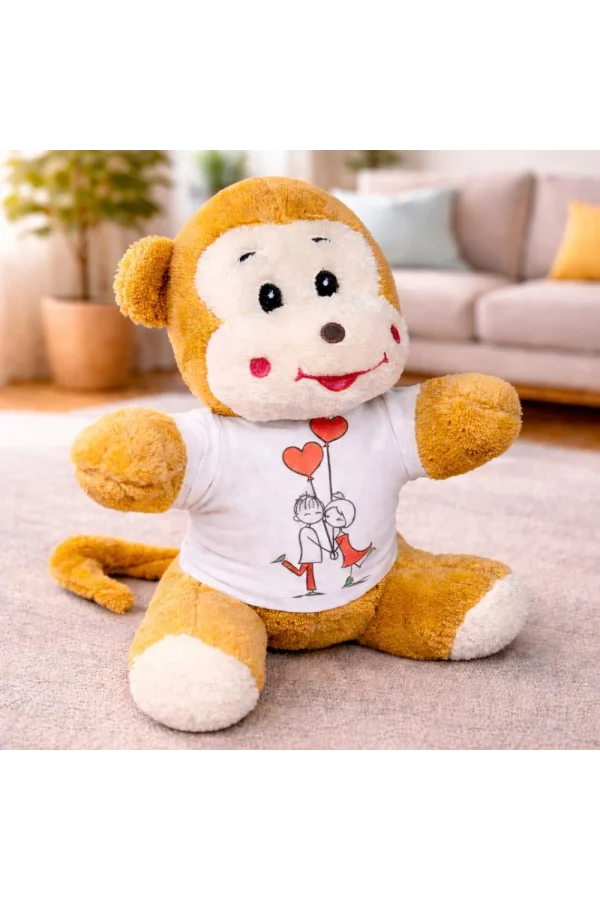 Mutlu Aşıklar Tasarım Tişörtlü Sevimli Peluş Maymun