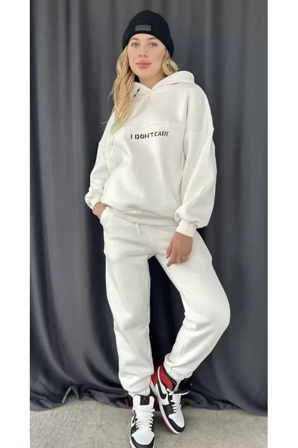Nakış İşlemeli Üç İplik Sweat Takım- Beyaz