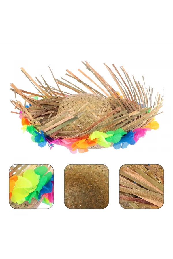 Natural Renkli Püsküllü Örme Hasır Hawaii Şapka