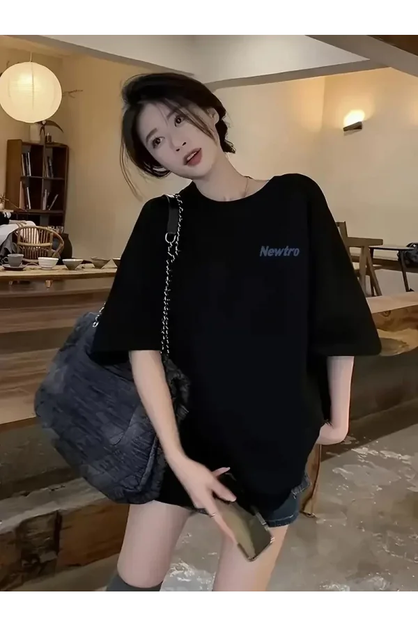 Newtro Baskılı Oversize Bisiklet Yaka T-shirt - Siyah