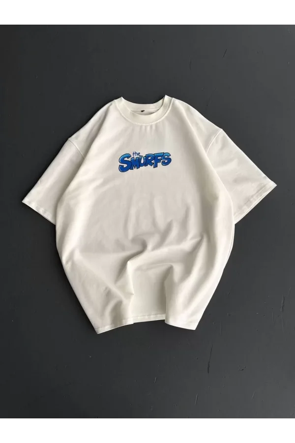Ön ve Arka Baskılı Oversize Bisiklet Yaka T-shirt- Beyaz