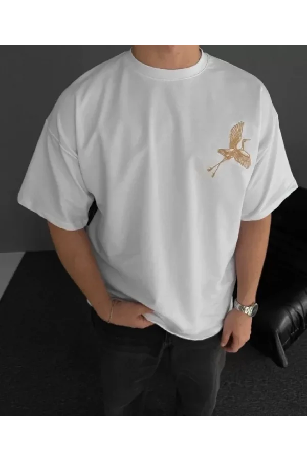 Ön ve Arka Baskılı Oversize Bisiklet Yaka T-shirt - Beyaz