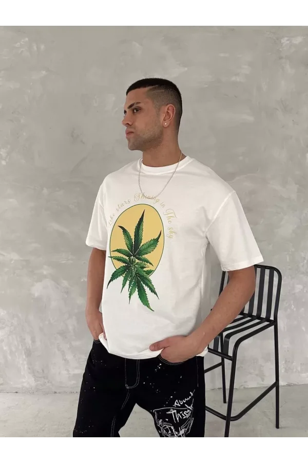 Ön ve Arka Baskılı Oversize Bisiklet Yaka T-shirt- Beyaz