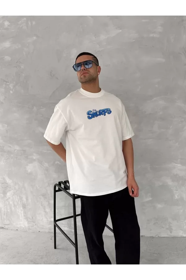 Ön ve Arka Baskılı Oversize Bisiklet Yaka T-shirt- Beyaz