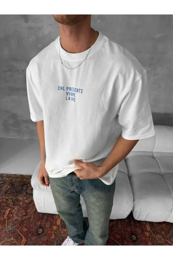 Ön ve Arka Baskılı Oversize Bisiklet Yaka T-shirt- Beyaz