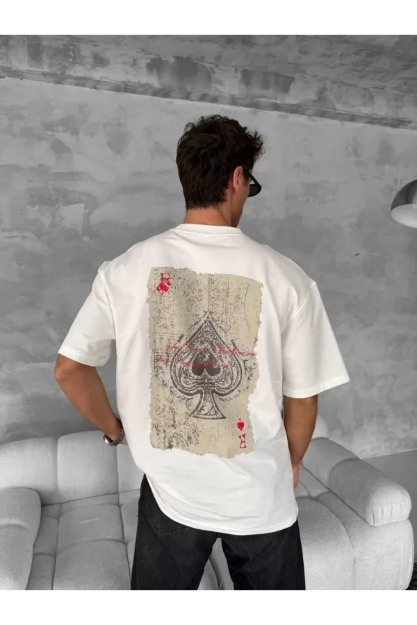 Ön ve Arka Baskılı Oversize Bisiklet Yaka T-shirt - Beyaz