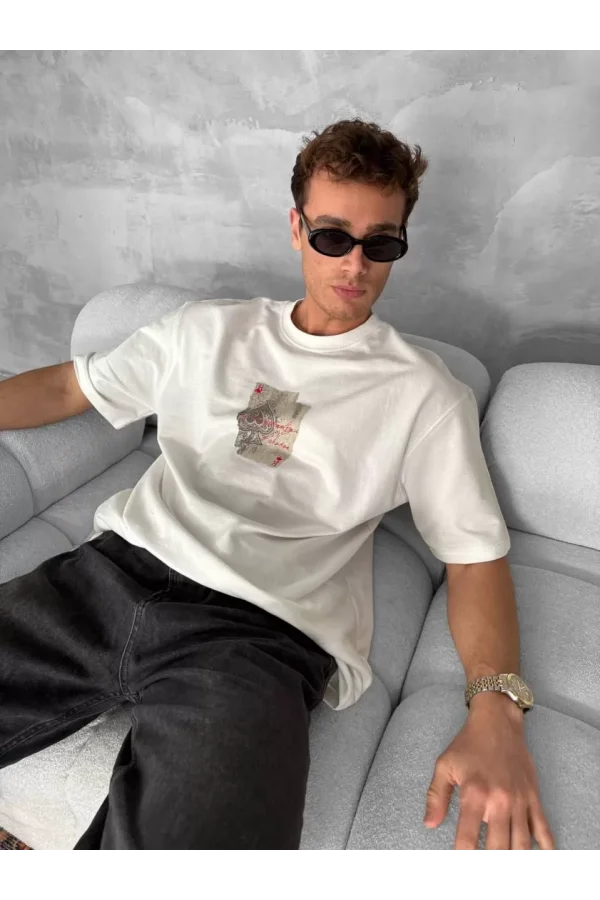 Ön ve Arka Baskılı Oversize Bisiklet Yaka T-shirt - Beyaz