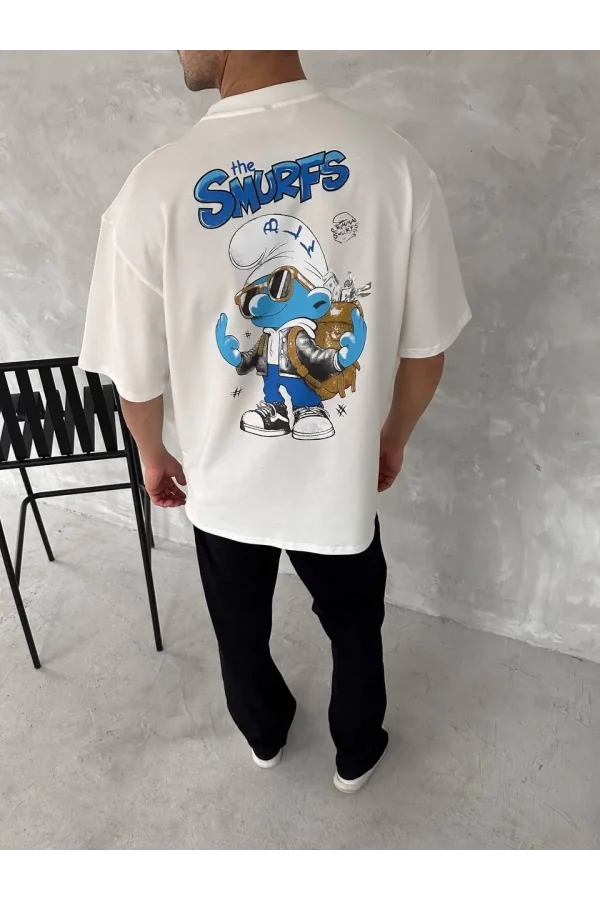 Ön ve Arka Baskılı Oversize Bisiklet Yaka T-shirt- Beyaz
