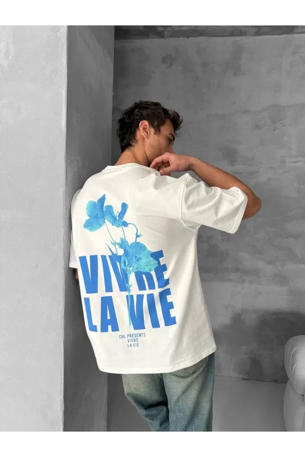 Ön ve Arka Baskılı Oversize Bisiklet Yaka T-shirt- Beyaz