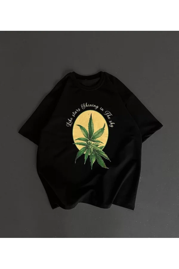 Ön ve Arka Baskılı Oversize Bisiklet Yaka T-shirt- Siyah