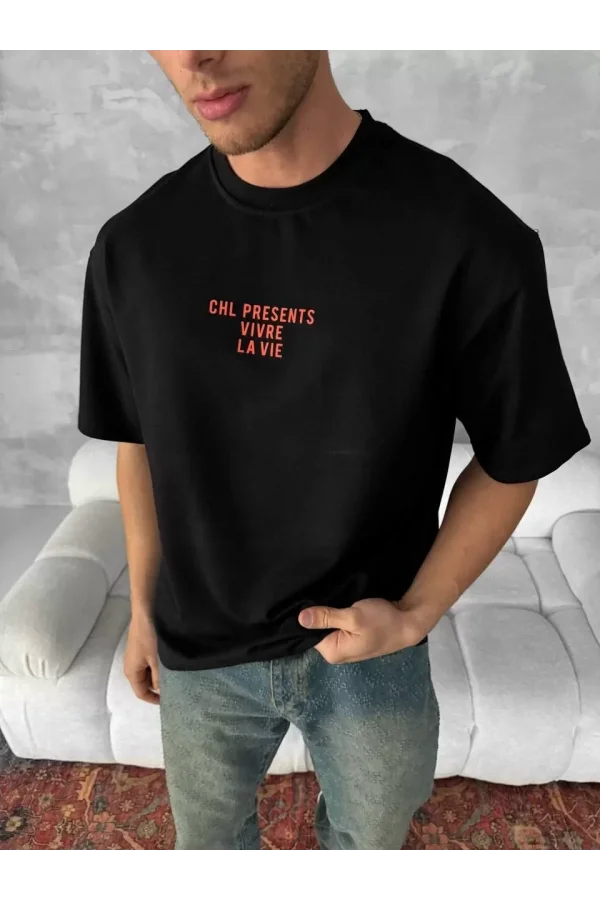 Ön ve Arka Baskılı Oversize Bisiklet Yaka T-shirt- Siyah