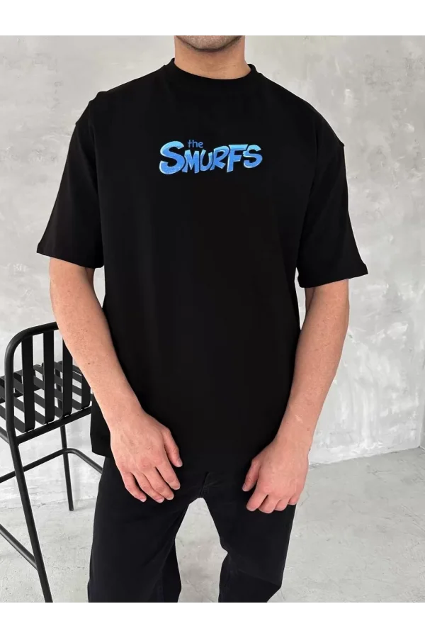 Ön ve Arka Baskılı Oversize Bisiklet Yaka T-shirt- Siyah