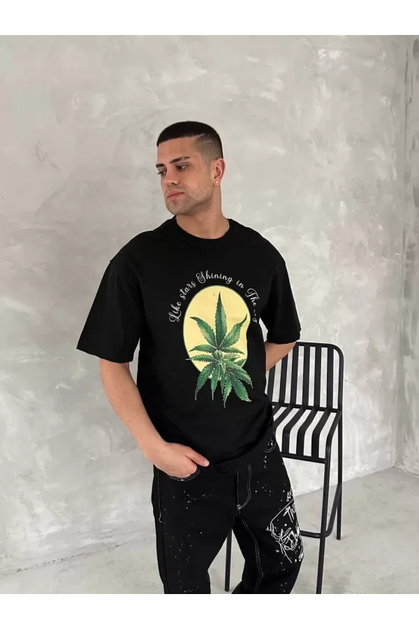 Ön ve Arka Baskılı Oversize Bisiklet Yaka T-shirt- Siyah